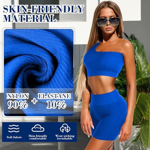 Floraltop 4 Pcs Women's Workout Sets Pilates Exercise Outfit Ribbed Scoop Neck Sports Bra Shorts Leggings Gym Clothes Set (Blue,Medium) - Image 4