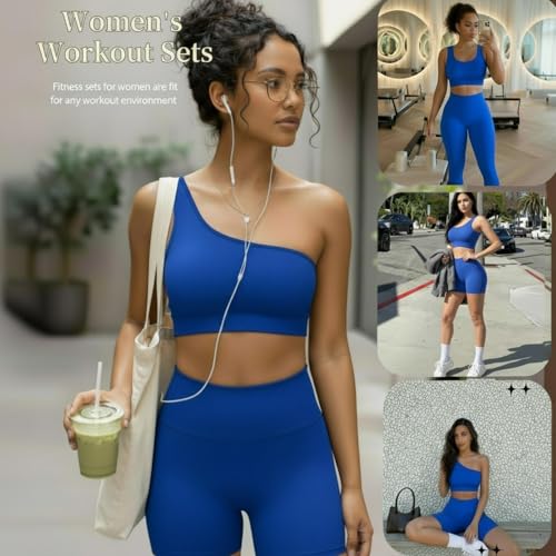 Floraltop 4 Pcs Women's Workout Sets Pilates Exercise Outfit Ribbed Scoop Neck Sports Bra Shorts Leggings Gym Clothes Set (Blue,Medium) - Image 5