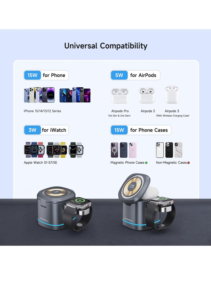 SYOSI 3 in 1 Wireless Charging Station, Magnetic Charger Stand Fit for iPhone 15/14/13/12, Fit for Apple Devices 15W Fast Charging Wireless Charger Cube, Travel Charger Fit for iWatch & AirPods' 2/3/Pro - Image 2