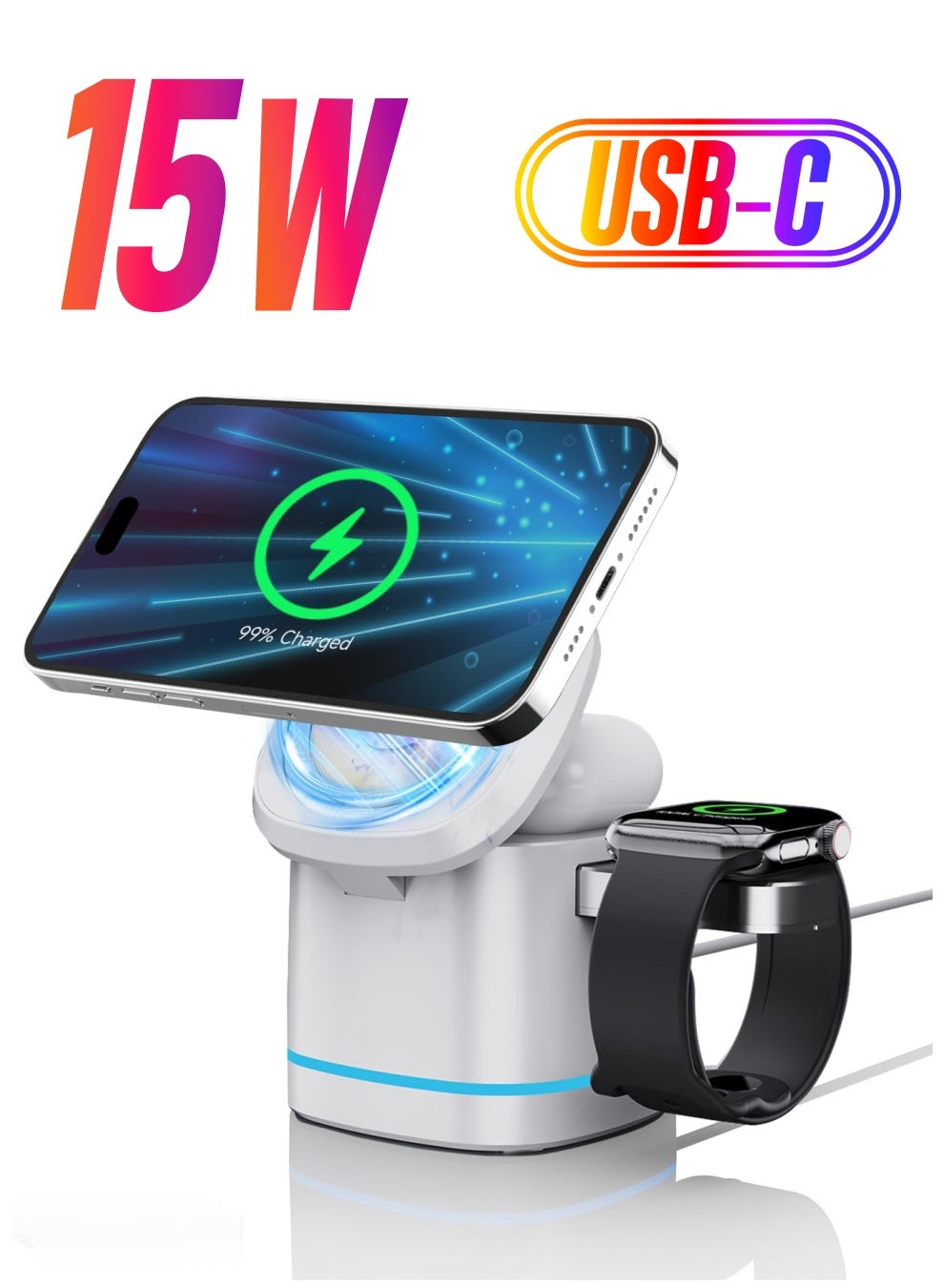3 in 1 Wireless Charging Station, Magnetic Charger Stand Fit for iPhone 15/14/13/12, Fit for Apple Devices 15W Fast Charging Wireless Charger Cube, Travel Charger Fit for iWatch & AirPods' 2/3/Pro