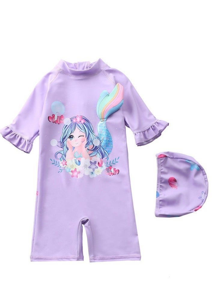 Generic Children's Mermaid Swimsuit， Long sleeved One Piece Sun Proof kids Swimwear With Swim Cap For Height 70-120cm Girls  - Image 1