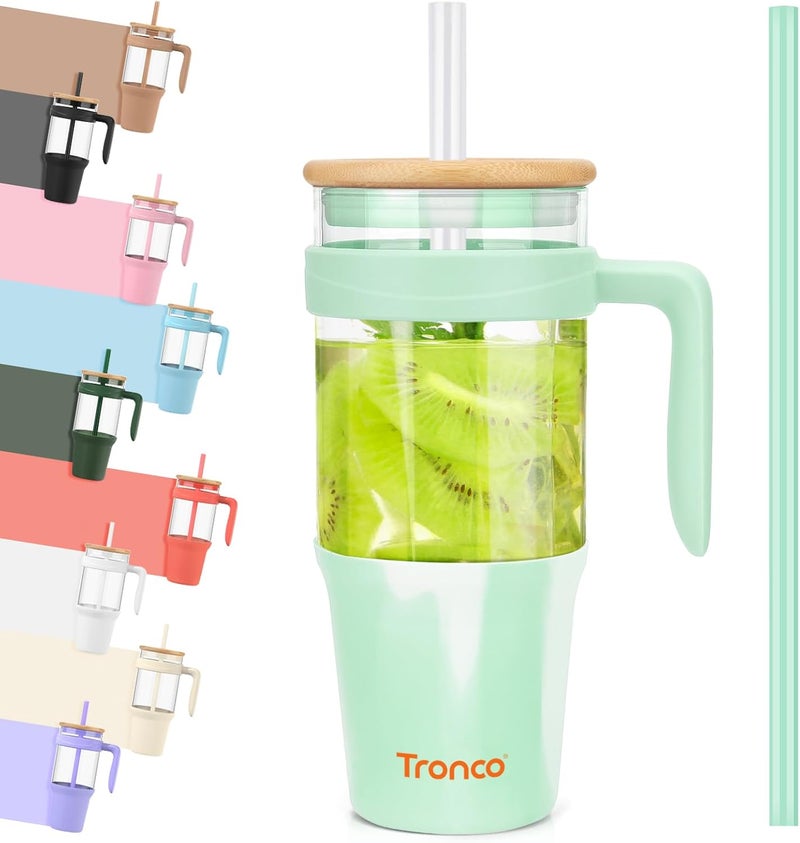 tronco 40 oz Glass Tumbler with Handle, Glass Tumbler with Straw and Bamboo Lid, Glass Water Bottles Fit in Cup Holder, Iced Coffee Cup, Smoothie Cup, BPA Free, Dishwasher Safe (Mixed Light Green) - Image 1