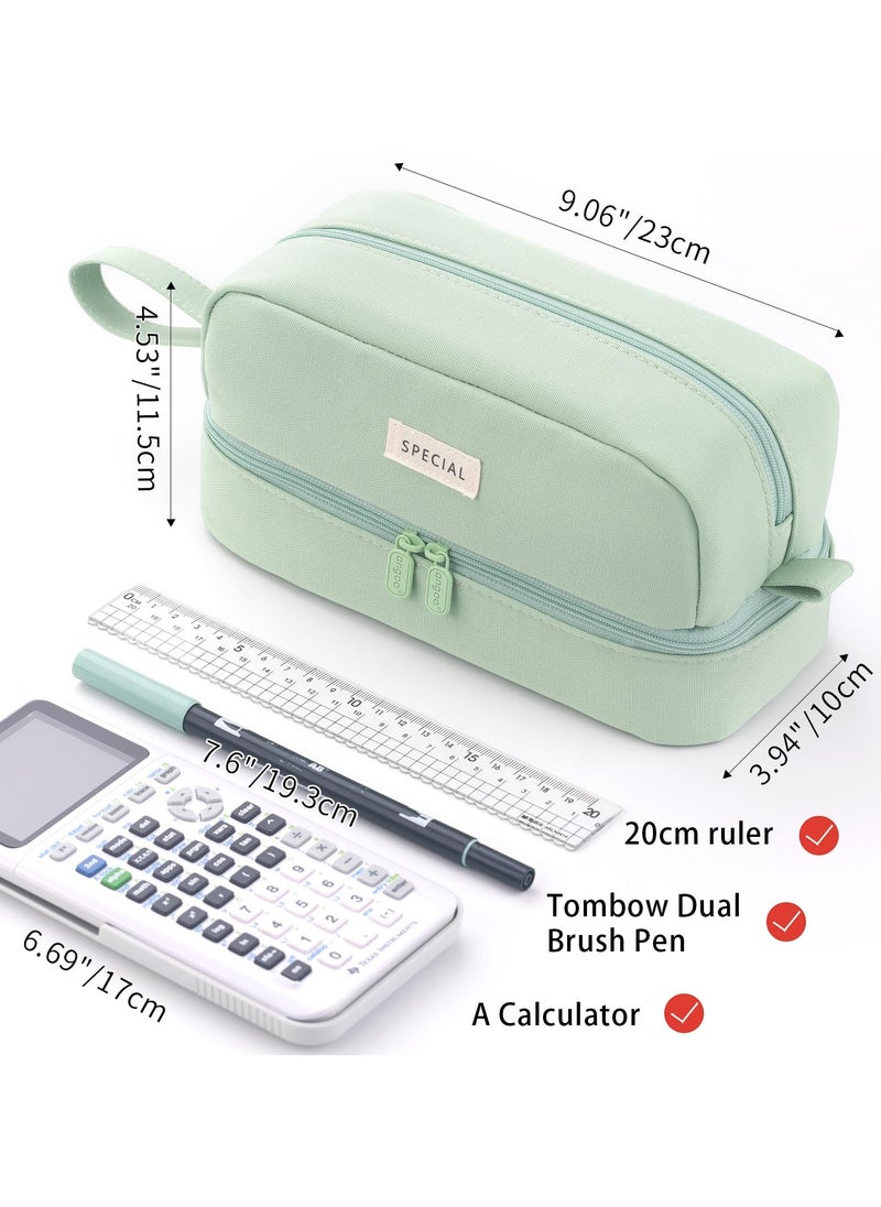 Excefore - Large Pencil Case, Big Capacity Large Pencil Cas,e Canvas Pen Pouch Bag with 2 Compartments for Girls Boys Teen School Students Adults, Stationery Pouch Pen Case for Office (Green) - Image 1