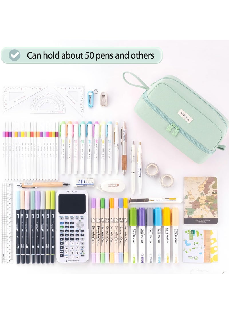 Excefore - Large Pencil Case, Big Capacity Large Pencil Cas,e Canvas Pen Pouch Bag with 2 Compartments for Girls Boys Teen School Students Adults, Stationery Pouch Pen Case for Office (Green) - Image 1