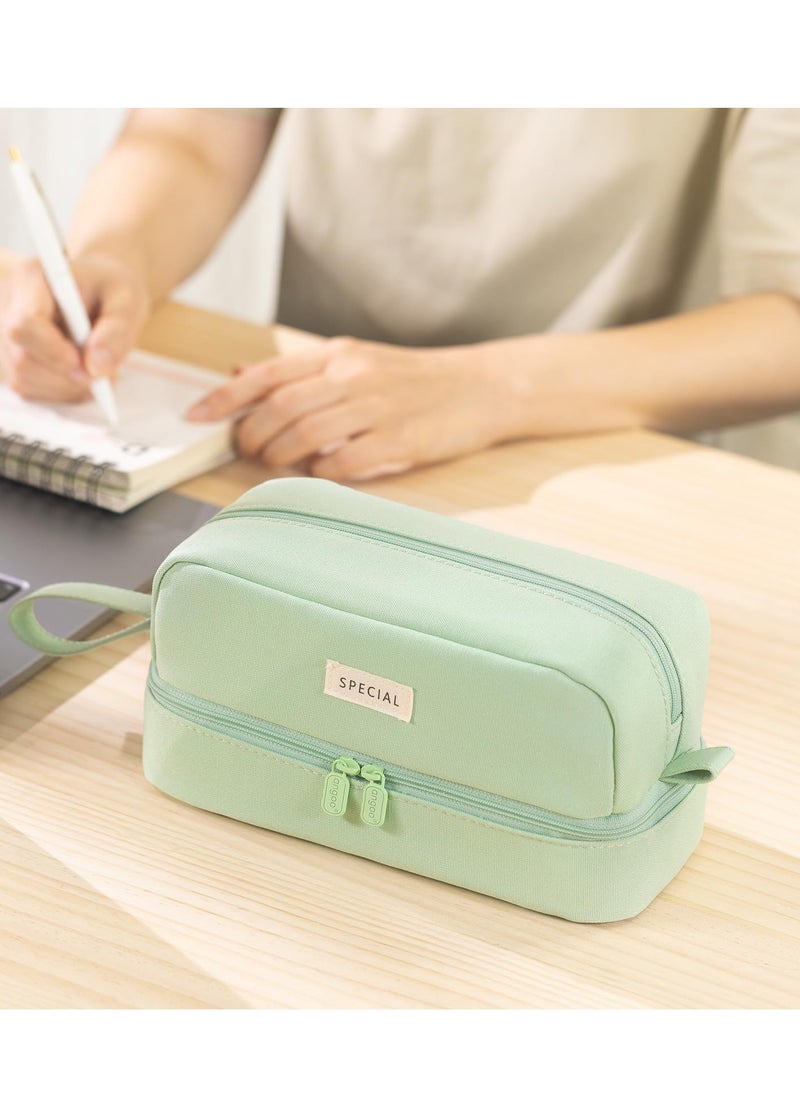 Excefore - Large Pencil Case, Big Capacity Large Pencil Cas,e Canvas Pen Pouch Bag with 2 Compartments for Girls Boys Teen School Students Adults, Stationery Pouch Pen Case for Office (Green) - Image 1