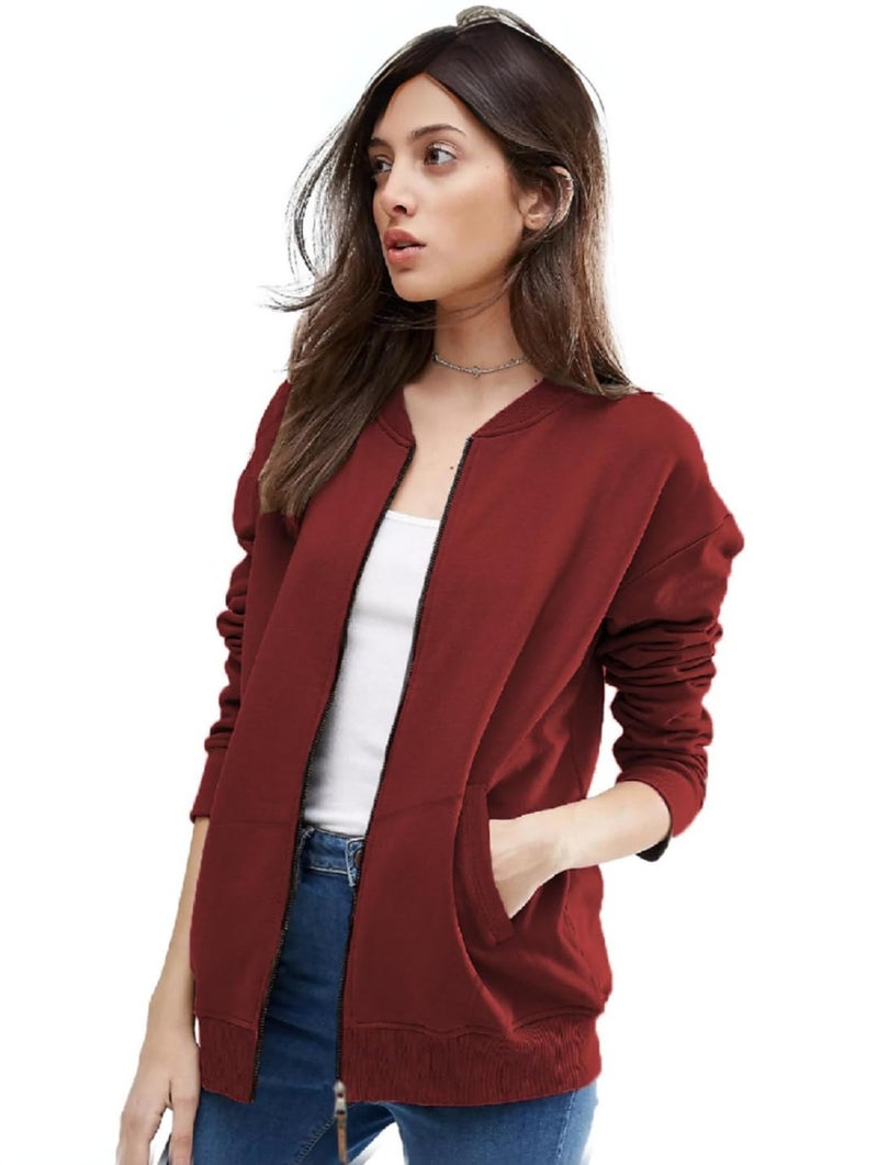 LEOTUDE Full Sleeve Loose Fit Bomber Loop Knitted Standard Length Jacket For Women (Grl_Jkt02_Mrun_P_Maroon_M) - Image 1