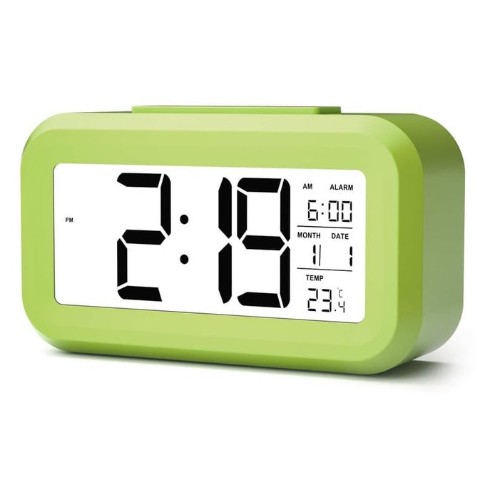 DIGITAL ALARM CLOCK LARGE LED DISPLAY SMART BACKLIGHT BATTERY OPERATED ALARM TABLE CLOCK WITH AUTOMATIC SENSOR DATE TEMPERATURE FOR KIDSSTUDENT BEDROOM GREEN