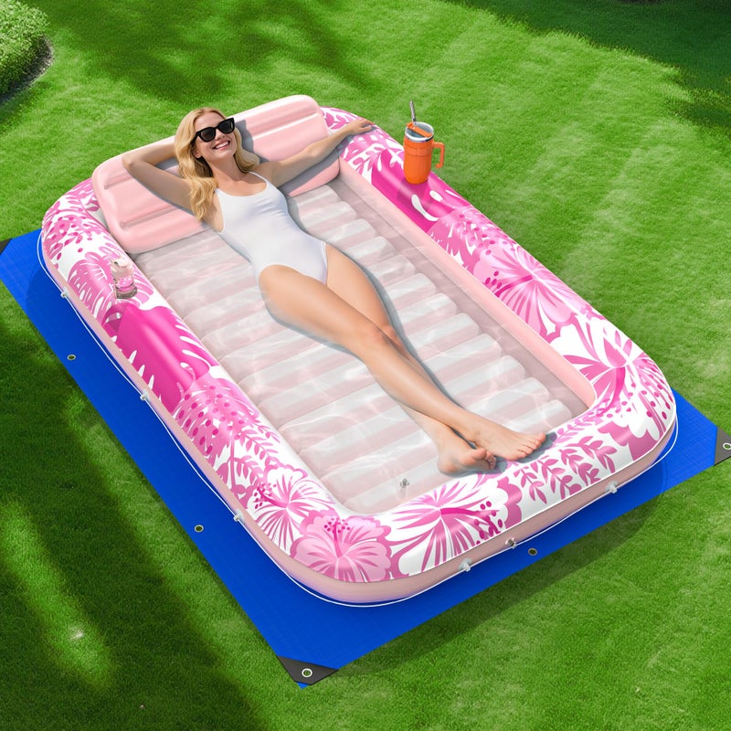 POOLACC Inflatable Tanning Pool Lounger Float with Protection Tarp 70 x 46 Pool Floats Adult with Pillow 6 in 1 Suntan Tub Raft Floatie Sunbathing Water Bed Lounge Blow Up Kids Ball Pit Party GiftsPink - Image 2
