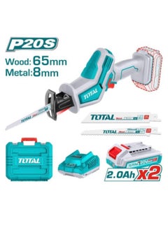 TOTAL Total 20V Cordless Reciprocating Saw with 2 Batteries & Charger – Powerful Electric Saw for Wood & Metal Cutting, 65mm Capacity, 0-3200RPM, 2 Blades, Plastic Carry Case  - Image 1