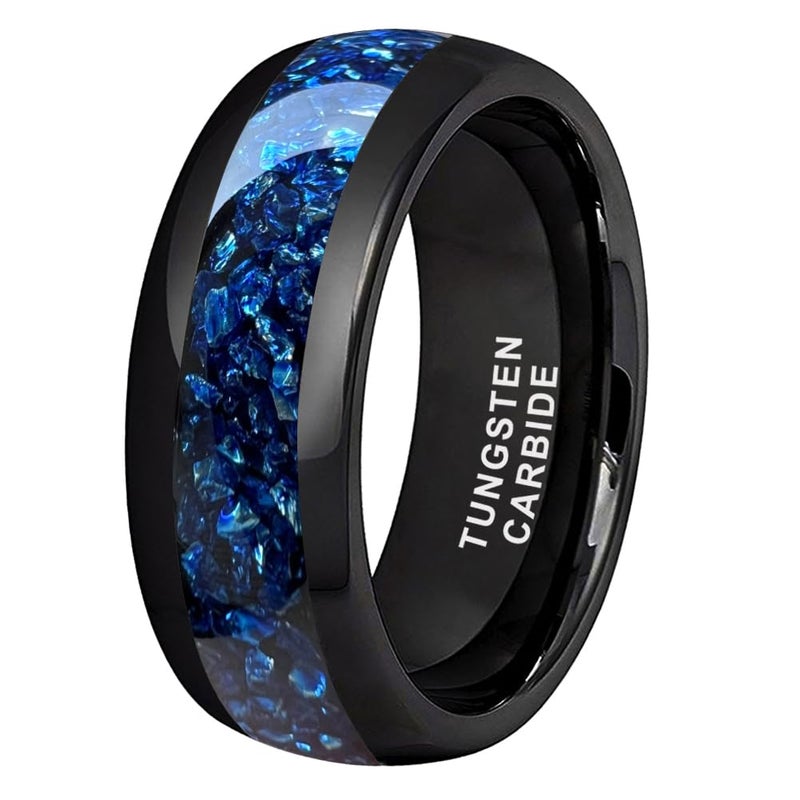 TUTISS 8mm Black Tungsten Rings for Men Women Blue Gemstone Inlay Promise Engagement Wedding Band Polished Shiny Comfort Fit Size 9.5 - Image 1