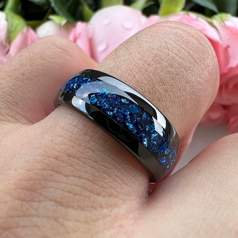 TUTISS 8mm Black Tungsten Rings for Men Women Blue Gemstone Inlay Promise Engagement Wedding Band Polished Shiny Comfort Fit Size 9.5 - Image 5