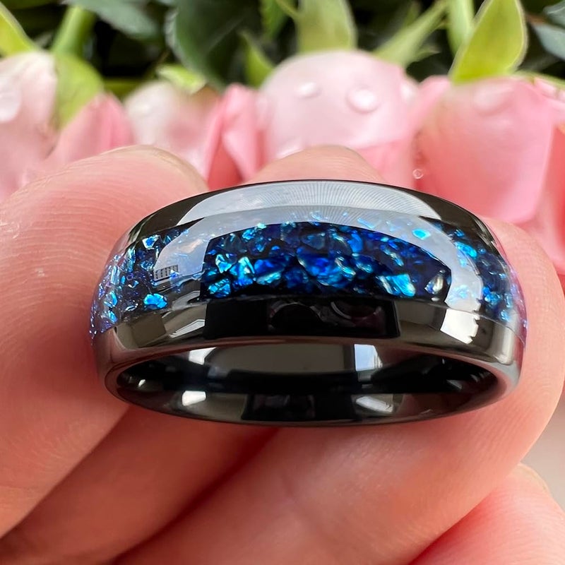 TUTISS 8mm Black Tungsten Rings for Men Women Blue Gemstone Inlay Promise Engagement Wedding Band Polished Shiny Comfort Fit Size 9.5 - Image 3