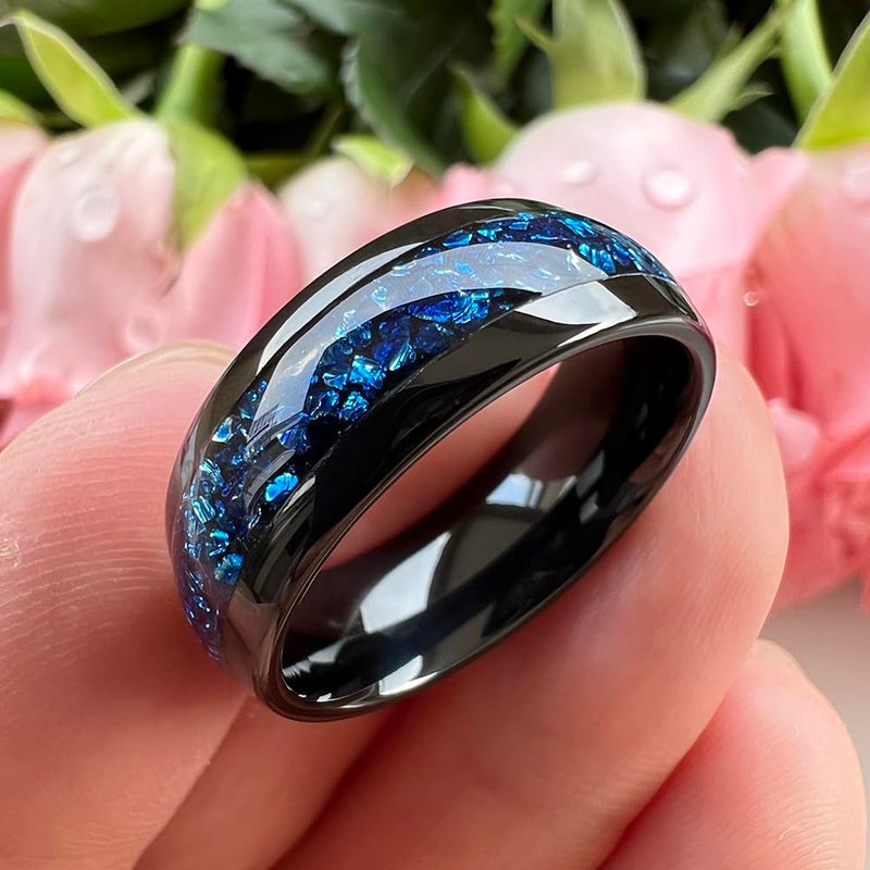 TUTISS 8mm Black Tungsten Rings for Men Women Blue Gemstone Inlay Promise Engagement Wedding Band Polished Shiny Comfort Fit Size 9.5 - Image 4