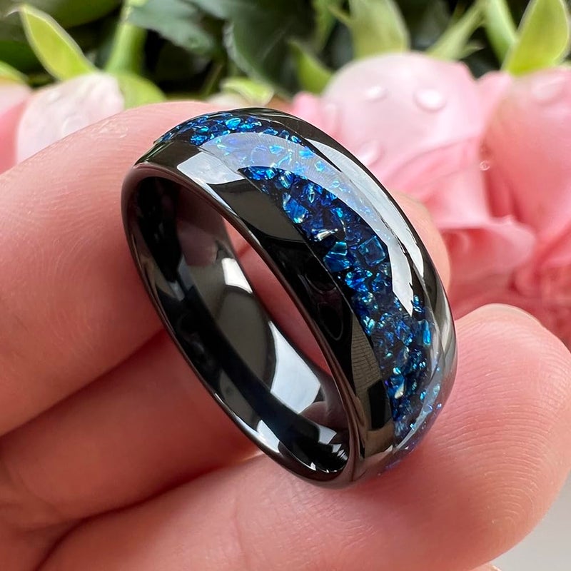 TUTISS 8mm Black Tungsten Rings for Men Women Blue Gemstone Inlay Promise Engagement Wedding Band Polished Shiny Comfort Fit Size 9.5 - Image 2