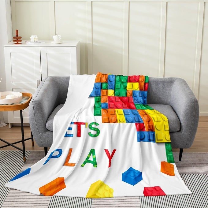 BUILDING BLOCK PRINT PLUSH THROW BLANKET TWIN 60X80 KIDS BRICK STYLES FLANNEL FLEECE BLANKET FOR SOFA COUCH COLORFUL ALL SEASONBED BLANKET GAMING