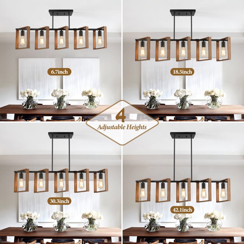 Brightever 53’’ Farmhouse Kitchen Island Lighting, 5-Light Adjustable Dining Room Light Fixtures, Rustic Wood Chandeliers Black Hanging Light Fixtures for Kitchen, Pool Table Lights, Bulbs Not Included - Image 3