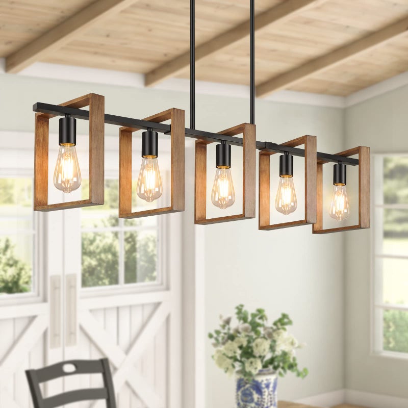 Brightever 53’’ Farmhouse Kitchen Island Lighting, 5-Light Adjustable Dining Room Light Fixtures, Rustic Wood Chandeliers Black Hanging Light Fixtures for Kitchen, Pool Table Lights, Bulbs Not Included - Image 1