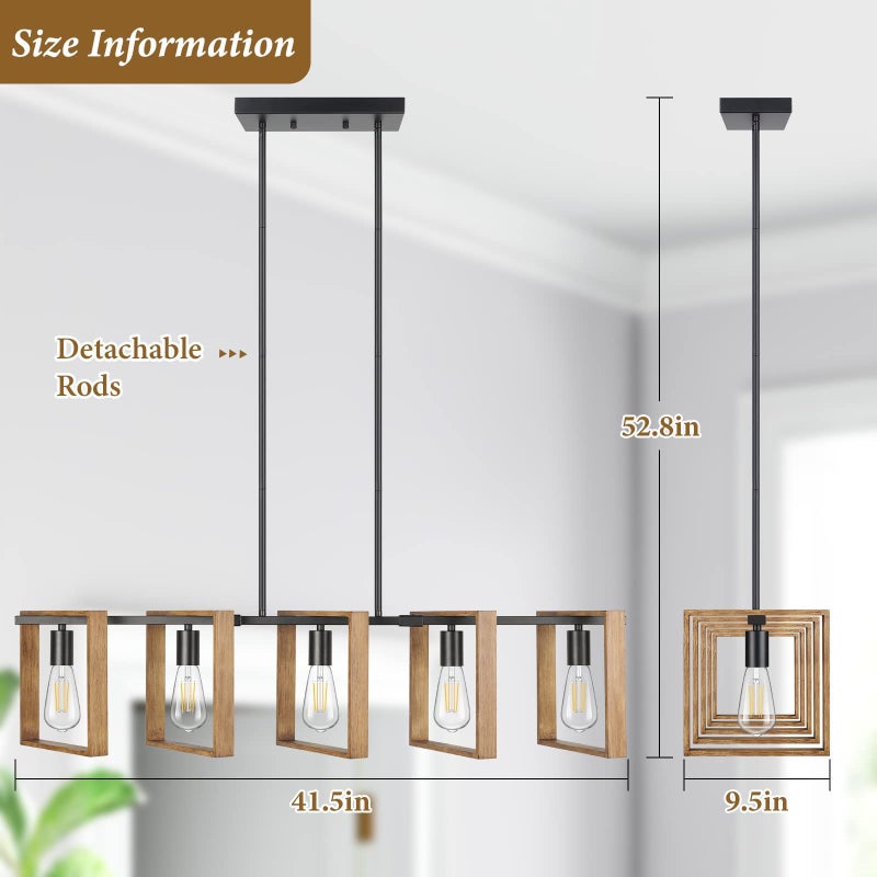 Brightever 53’’ Farmhouse Kitchen Island Lighting, 5-Light Adjustable Dining Room Light Fixtures, Rustic Wood Chandeliers Black Hanging Light Fixtures for Kitchen, Pool Table Lights, Bulbs Not Included - Image 5