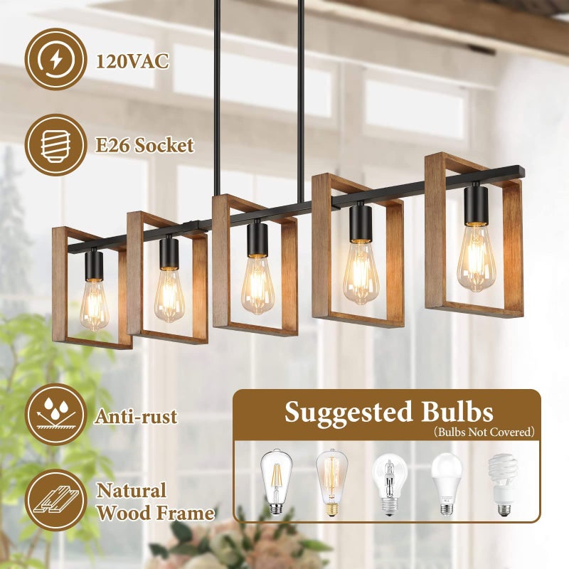 Brightever 53’’ Farmhouse Kitchen Island Lighting, 5-Light Adjustable Dining Room Light Fixtures, Rustic Wood Chandeliers Black Hanging Light Fixtures for Kitchen, Pool Table Lights, Bulbs Not Included - Image 4