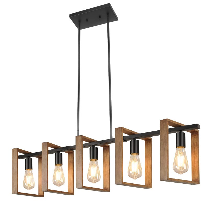 Brightever 53’’ Farmhouse Kitchen Island Lighting, 5-Light Adjustable Dining Room Light Fixtures, Rustic Wood Chandeliers Black Hanging Light Fixtures for Kitchen, Pool Table Lights, Bulbs Not Included - Image 2