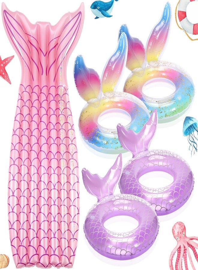 Vertintong 5 Pack Pool Floats Include 4 Pcs Multicolor Mermaid Inflatable Pool Float Tube 1 Pcs Floatie Raft Mermaid Tail Swim Ring for Beach Water Toys - Image 1