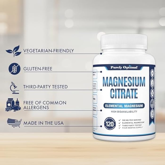 Purely Optimal Magnesium Citrate 500mg – Magnesium Supplement for Digestive Health, Gentle Constipation Relief, Muscle & Sleep Support, Calm & Relaxation – High Absorption, 120 Easy-to-Swallow Caps - Image 5