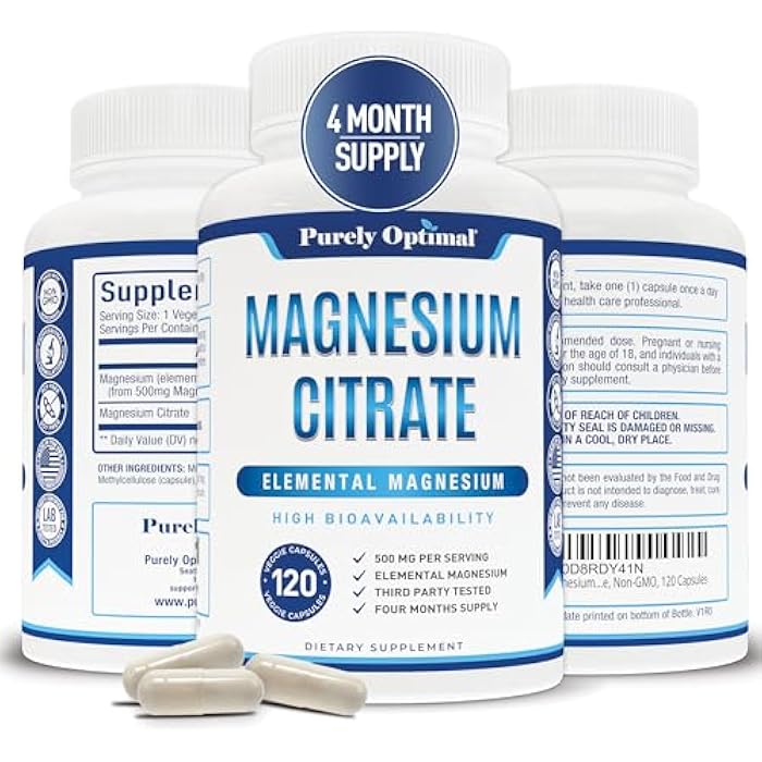 Purely Optimal Magnesium Citrate 500mg – Magnesium Supplement for Digestive Health, Gentle Constipation Relief, Muscle & Sleep Support, Calm & Relaxation – High Absorption, 120 Easy-to-Swallow Caps - Image 1