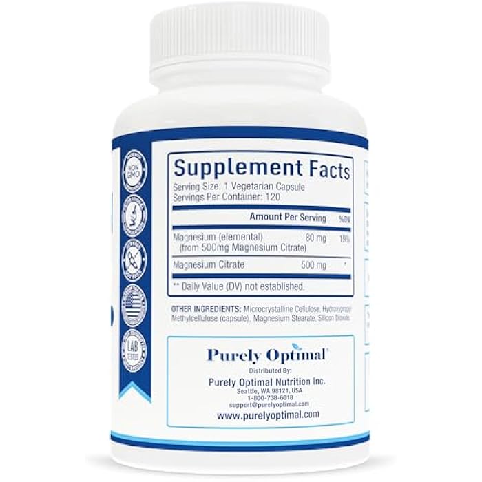 Purely Optimal Magnesium Citrate 500mg – Magnesium Supplement for Digestive Health, Gentle Constipation Relief, Muscle & Sleep Support, Calm & Relaxation – High Absorption, 120 Easy-to-Swallow Caps - Image 2