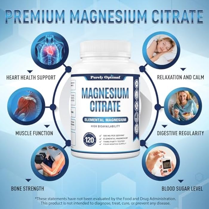 Purely Optimal Magnesium Citrate 500mg – Magnesium Supplement for Digestive Health, Gentle Constipation Relief, Muscle & Sleep Support, Calm & Relaxation – High Absorption, 120 Easy-to-Swallow Caps - Image 3
