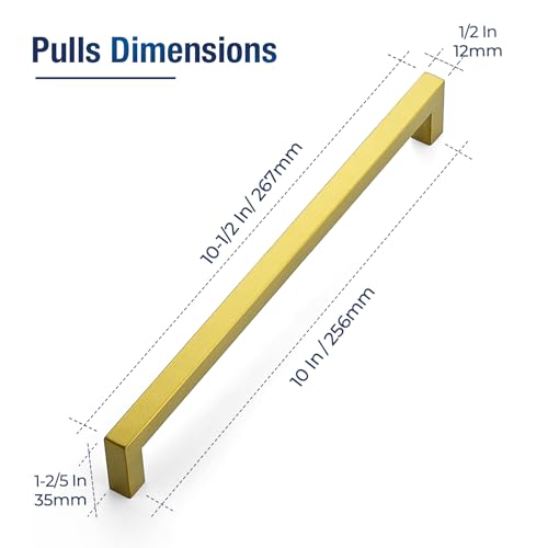 JOY DECOR 5 Pack Cabinet Handles Gold Cabinet Pulls 10 Inch Kitchen Handles Square Drawer Pulls Stainless Steel Drawer Hardware Handles 256mm Hole Centers - Image 3