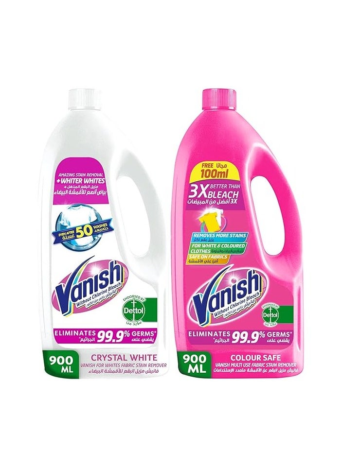 Vanish Vanish Crystal Liquid Stain Remover for White Clothes, Can be used with or without detergents and additives, 900ml + Vanish Liquid Stain Remover for Colors 900ml  - Image 1