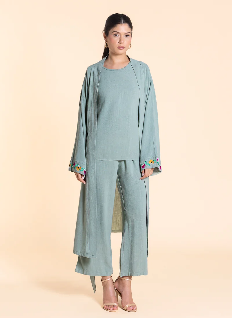 SHAPES LINEN BLEND EMBROIDERED KIMONO SET
