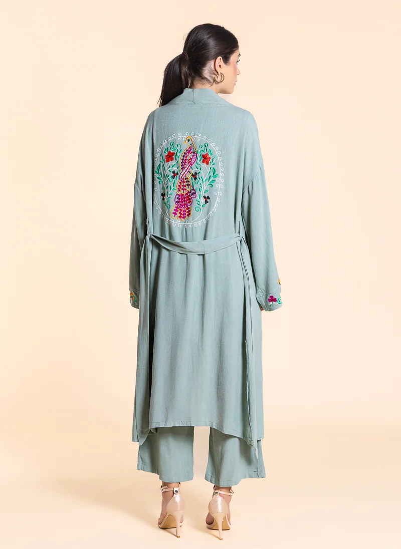 SHAPES LINEN BLEND EMBROIDERED KIMONO SET