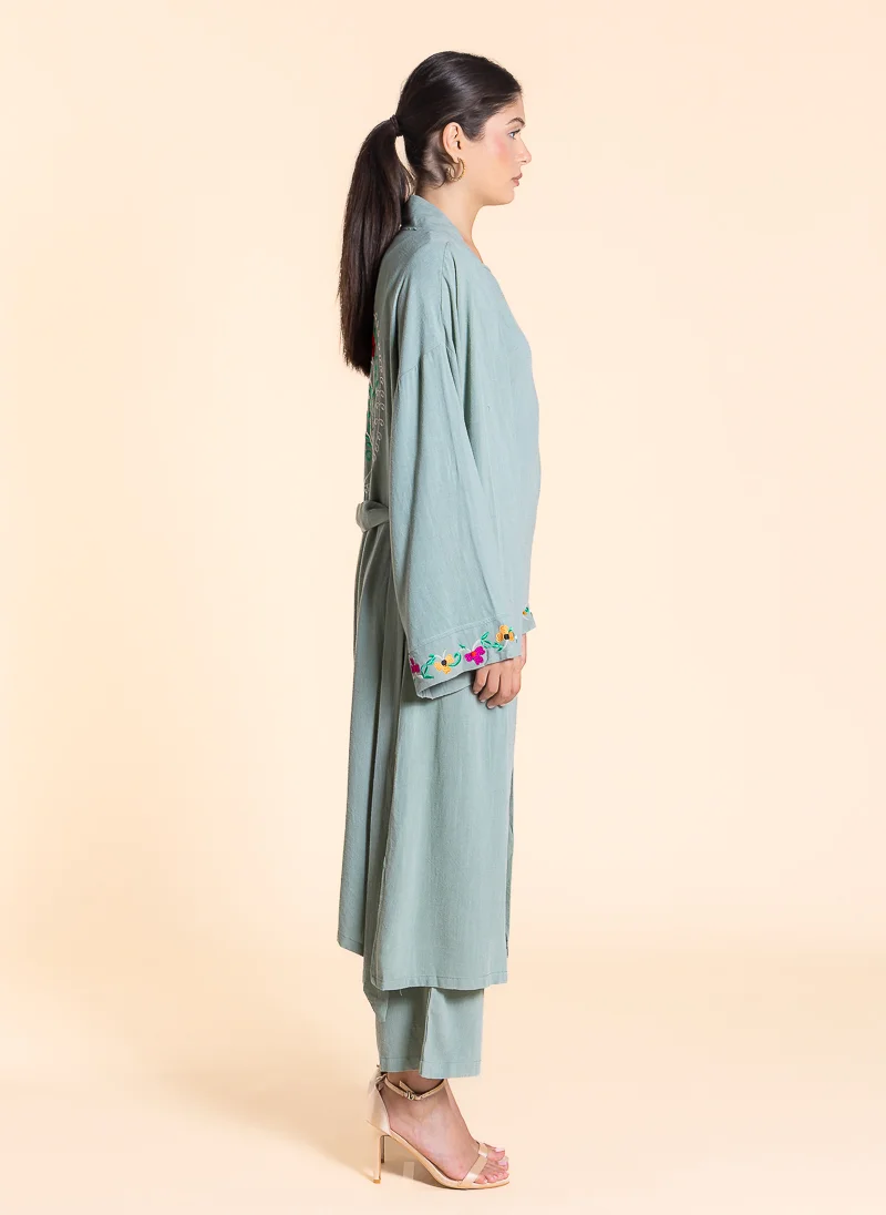 SHAPES LINEN BLEND EMBROIDERED KIMONO SET