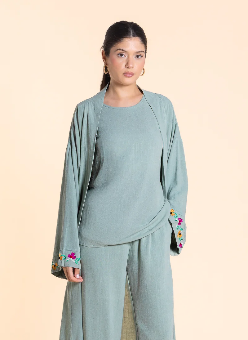 SHAPES LINEN BLEND EMBROIDERED KIMONO SET