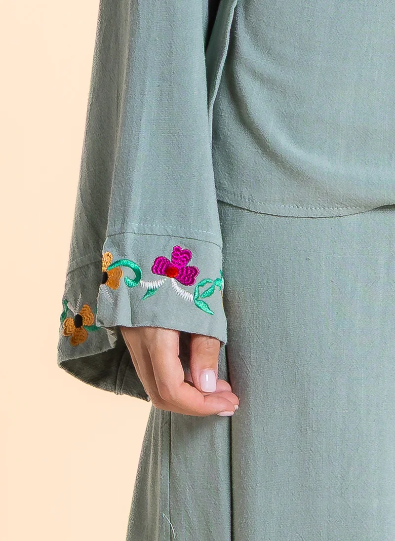 SHAPES LINEN BLEND EMBROIDERED KIMONO SET