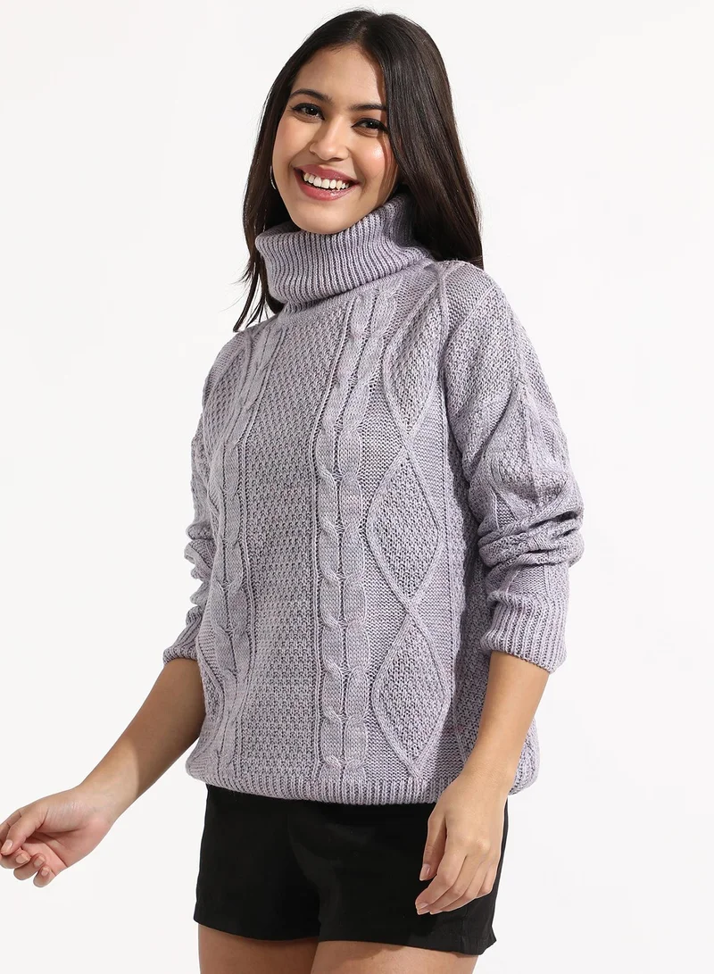 Campus Sutra Women's Moon Grey Cable Knit Sweater