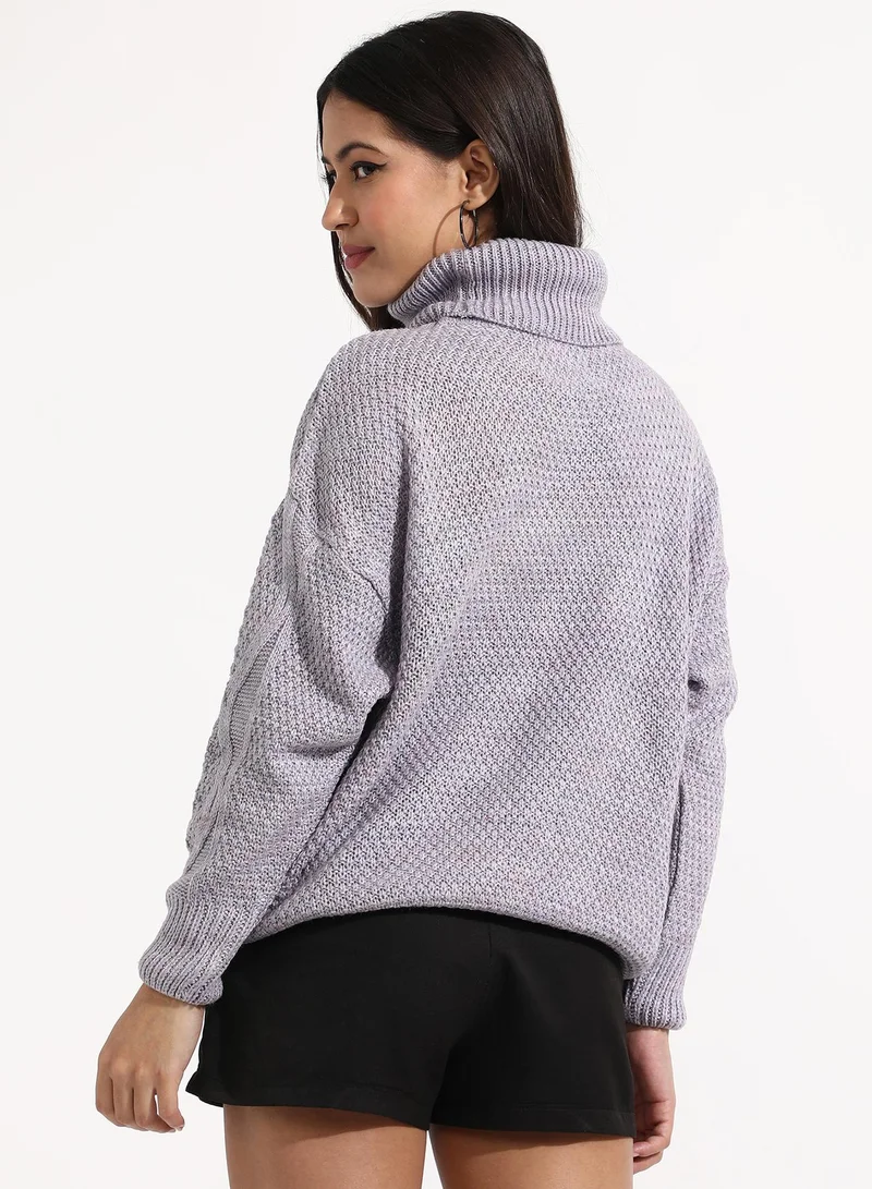 Campus Sutra Women's Moon Grey Cable Knit Sweater
