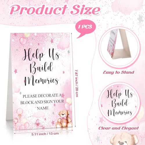 Dinifee 125 Pcs Baby Shower Decorate a Block Game Set Includes Help Us Build Memories Sign 100 DIY Blank Wooden Block 24 Paint Marker Prize for Wedding Baby Shower GamePink Bear - Image 5