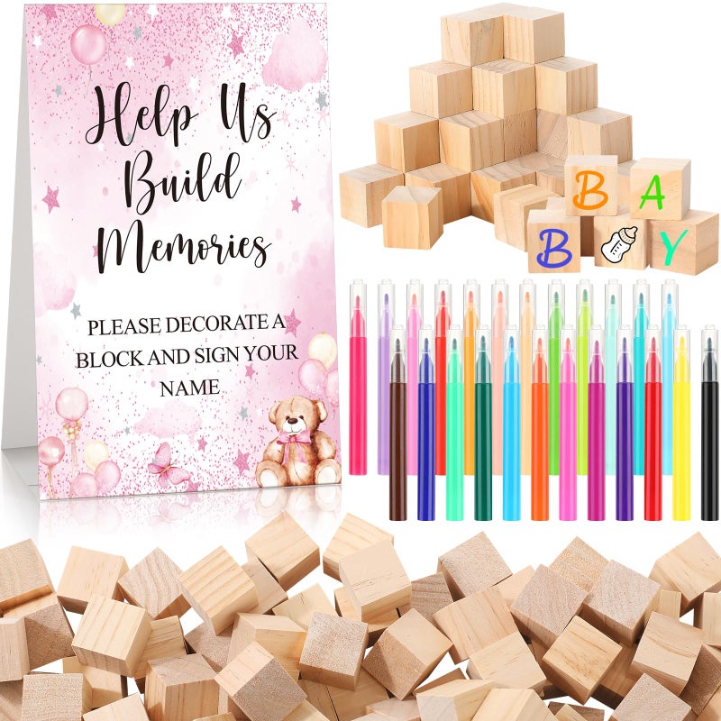 Dinifee 125 Pcs Baby Shower Decorate a Block Game Set Includes Help Us Build Memories Sign 100 DIY Blank Wooden Block 24 Paint Marker Prize for Wedding Baby Shower GamePink Bear - Image 3