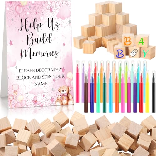 Dinifee 125 Pcs Baby Shower Decorate a Block Game Set Includes Help Us Build Memories Sign 100 DIY Blank Wooden Block 24 Paint Marker Prize for Wedding Baby Shower GamePink Bear - Image 1