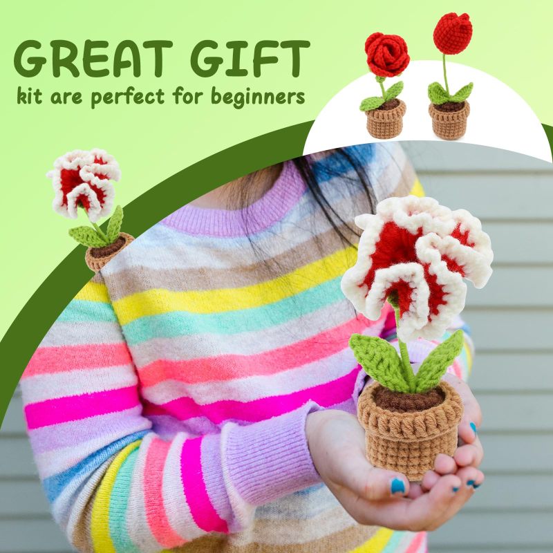 Crochet Kit For Beginners 3 Potted Flowers Red Crochet Set - Complete Learn To Crochet Set With Video Tutorial Step By Step Crochet Instructions For Adults Craft Lovers - Image 4