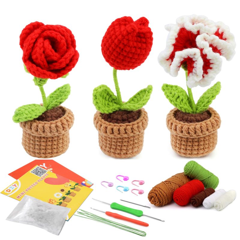 Crochet Kit For Beginners 3 Potted Flowers Red Crochet Set - Complete Learn To Crochet Set With Video Tutorial Step By Step Crochet Instructions For Adults Craft Lovers - Image 1