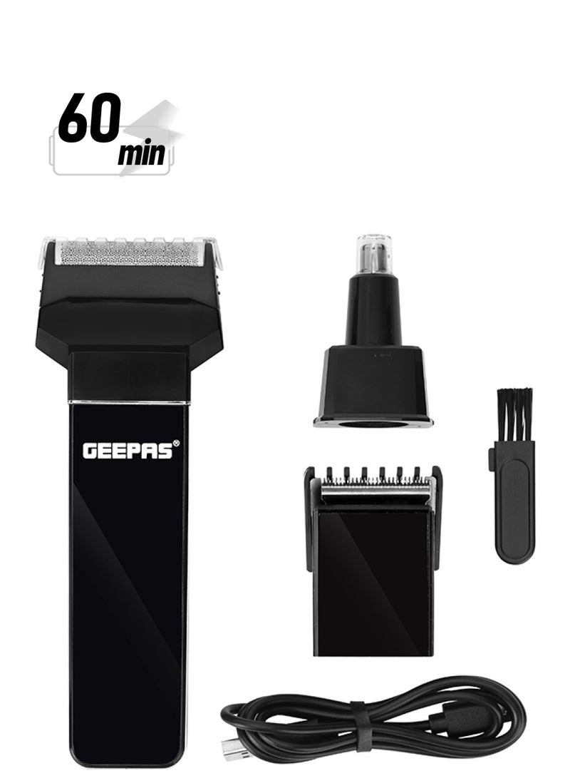 GEEPAS 3-In-1 Rechargeable Hair, Beard Trimmer, Cordless, 8 Hours Charging, Use For 60 Minutes, Changeable Heads, Hair Clipper, Nose Trimmer Attachments, Lightweight And Portable Design Black - Image 1