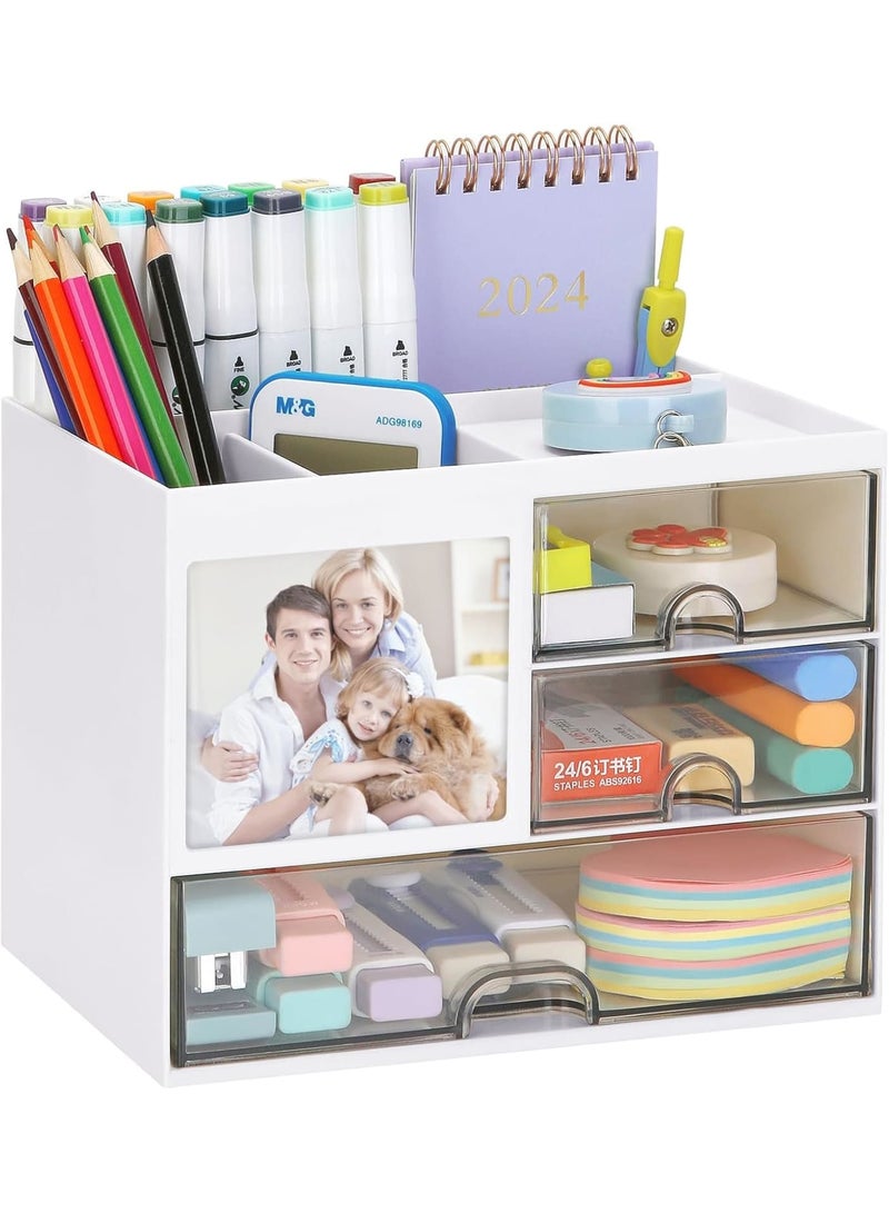 KASTWAVE Desk Organizer With Drawers, Cosmetic/Makeup Vanity Organizer Box, 3-Drawer Plastic Stationery Storage, Desktop Storage for Office, School, Home (White) - Image 1