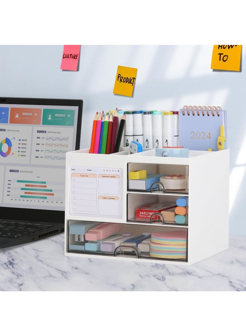 KASTWAVE Desk Organizer With Drawers, Cosmetic/Makeup Vanity Organizer Box, 3-Drawer Plastic Stationery Storage, Desktop Storage for Office, School, Home (White) - Image 2