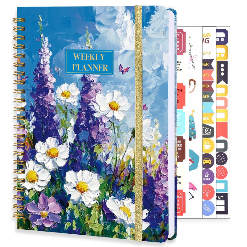 Thboxes Undated Weekly Planner, A5 Weekly To Do List Notebook with Habit Tracker Spiral Binding Weekly Planner Notebook with Stickers Home Work School Supplies, Purple Flower - Image 1