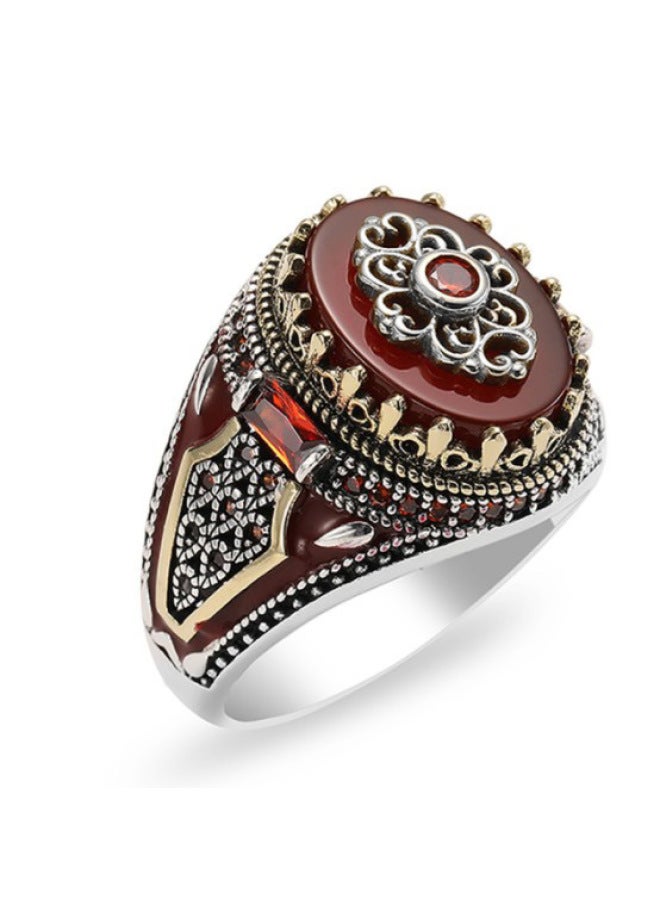 Yansheng New European And American Personalized Retro Two-color Men's Ring Red Agate Ring elry