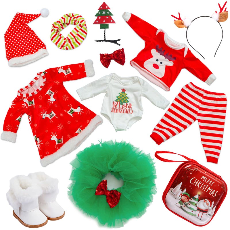 K. T. Fancy KTFancy 8 PCS 18 Inch Girl Doll Christmas Clothes and Accessories Set Including 3 Set Christmas Clothes and Dress Headband Boots Head Clip Bag Best Gift for Your Child - Image 3