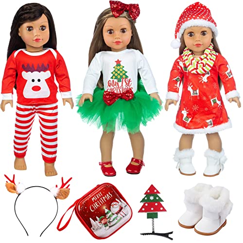 K. T. Fancy KTFancy 8 PCS 18 Inch Girl Doll Christmas Clothes and Accessories Set Including 3 Set Christmas Clothes and Dress Headband Boots Head Clip Bag Best Gift for Your Child - Image 1